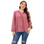 2022 European and American Style Cross-Border Trade Solid Color Woven Elegant Commuter Off-Shoulder Korean Version Long-Sleeve Chiffon Blouse Plus Size