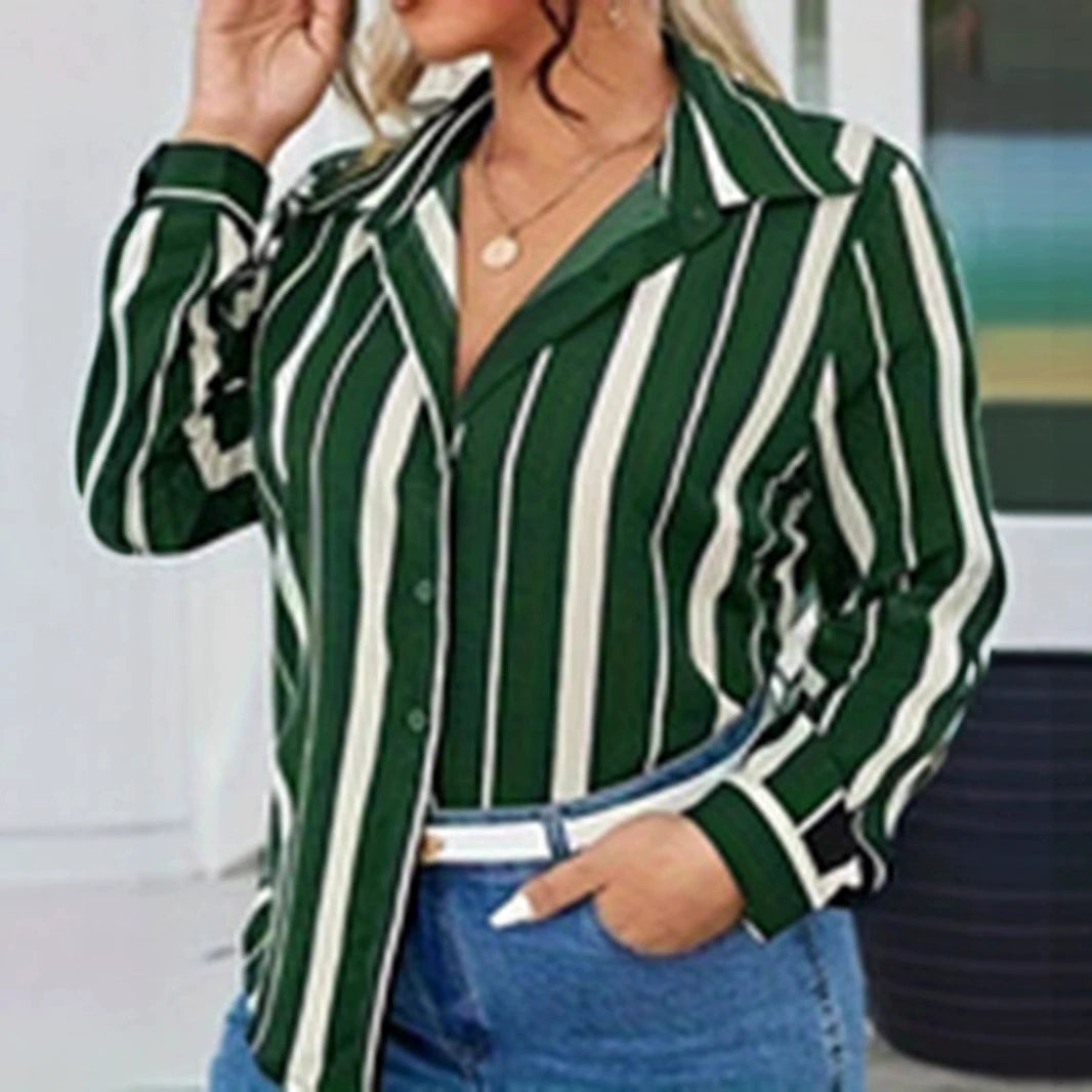 European and American plus size Women's 2025 Spring New V-neck Button Striped Shirt Long Sleeve Blouse