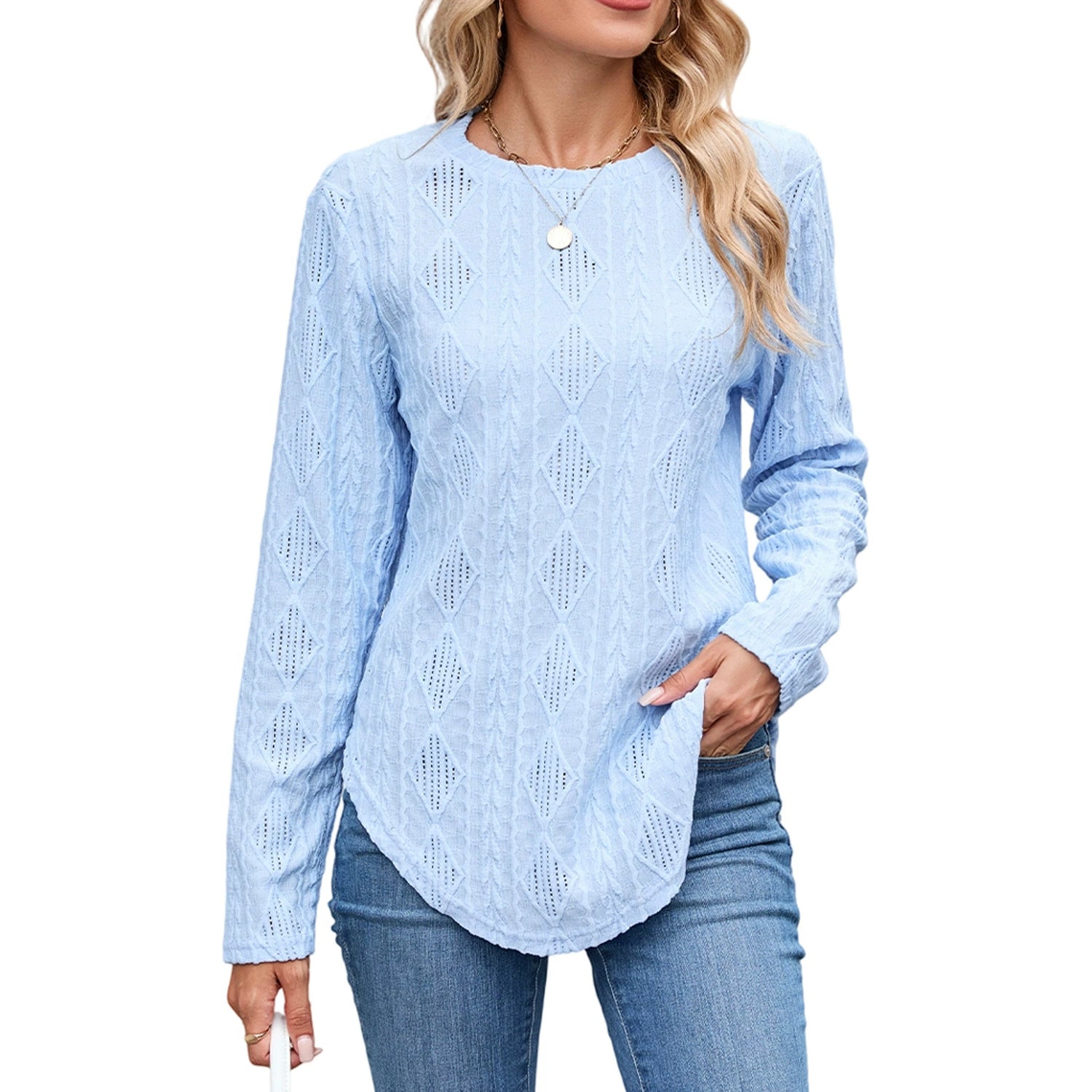 2025 European and American Amazon Autumn and Winter New Casual Round Neck Long-Sleeved Curved Hem T-Shirt Button Cut Out Top for Women
