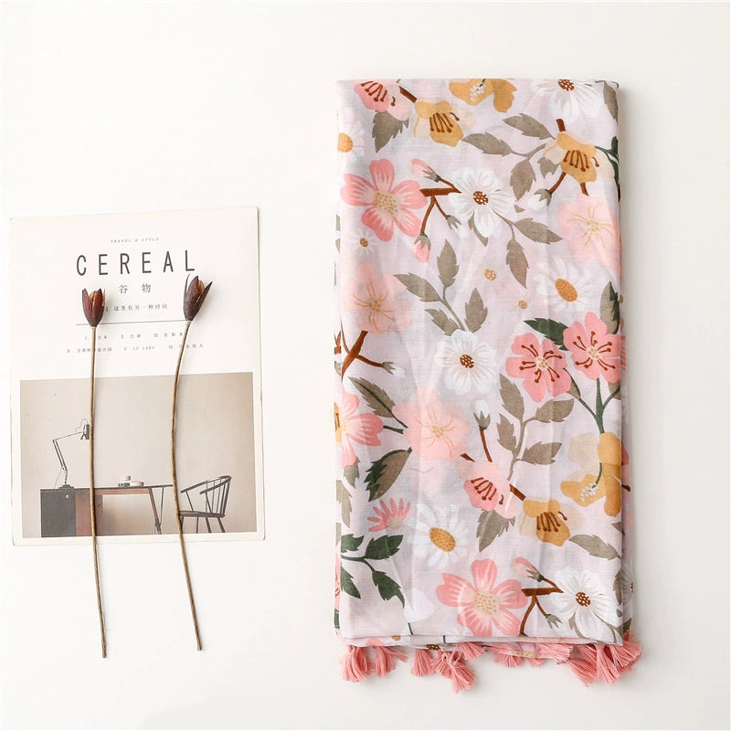 Summer Holiday Sunscreen Scarf Bohemian Pink Flower Scarf Large Shawl Travel Seaside Beach Towel Women