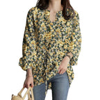2024 European and American Casual Vacation Tops Autumn Fashion Long-Sleeved V Neck Floral Print Drawstring Waist Loose Top