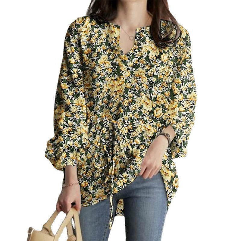 2024 European and American Casual Vacation Tops Autumn Fashion Long-Sleeved V Neck Floral Print Drawstring Waist Loose Top