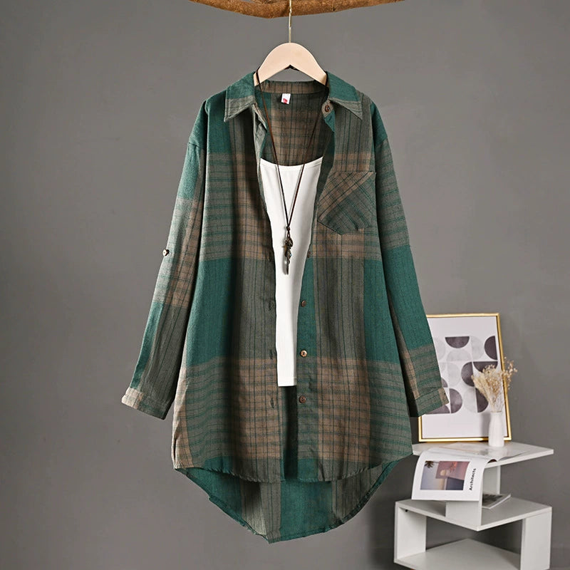 New Cotton and Linen Tops, Retro Spring and Autumn Plaid Shirts for Women, Long Style with Short Front and Long Back Design, Sun Protection Shirts