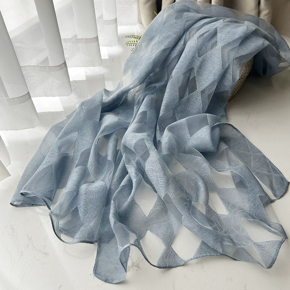 Foreign Trade Cut Flower Scarf for Women, Korean Style Rhombus Imitation Silk Sunscreen Scarf, Thin Women's Headscarf