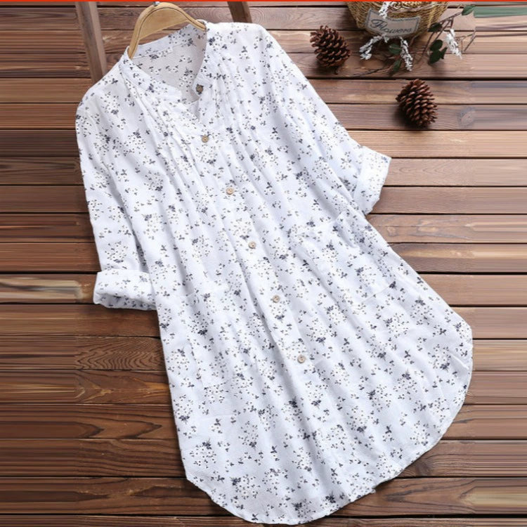 2019 Amazon AliExpress Explosions Women's Shirt New Cotton and Linen Floral Long Loose Shirt