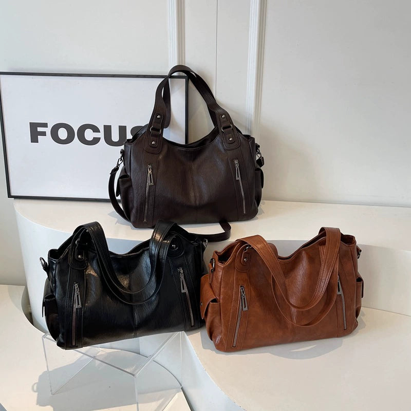 Handbag European and American Retro Pure Color Simple Texture Shoulder Bag Large Capacity Business Trip Commuting Versatile Casual Tote Bag