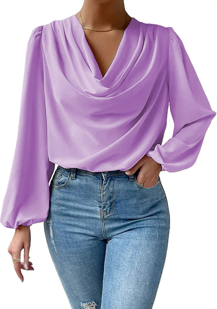 2025 Cross-Border Wish New European and American Summer Chiffon Long-Sleeved Shirt Loose Draped V-Neck Top T-Shirt Women's Clothing