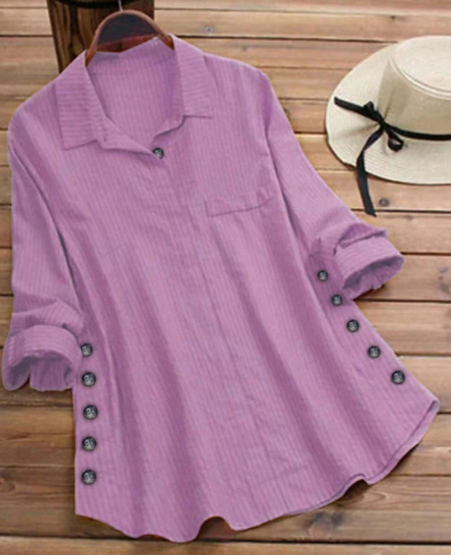 Spring and Autumn 2025 New Women's Solid Color Striped Button Cotton Linen False Pocket Striped Long Sleeve Long Shirt Top