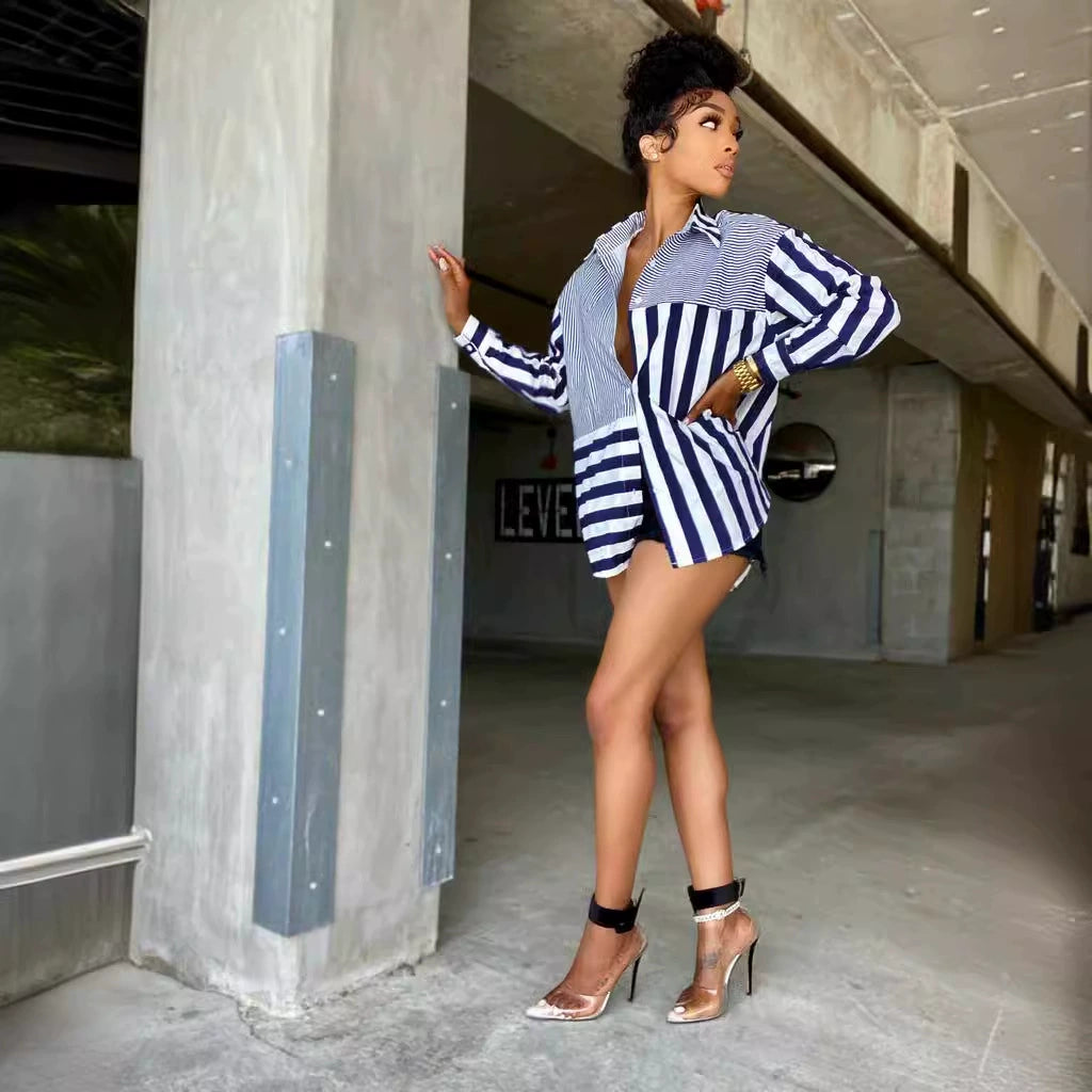 Cross-border e-commerce source manufacturers 2021 autumn European and American women's fashion ladies striped printed loose shirt skirt