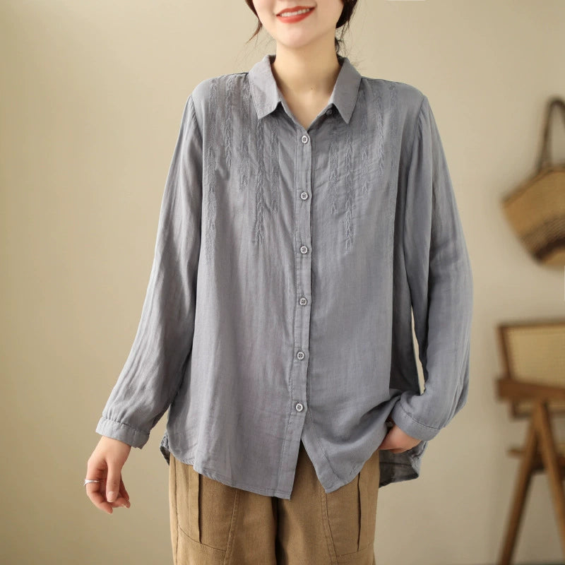 2023 Spring New Loose Ramie Women's Shirt Embroidered Long Sleeve Lapel Design Cotton and Linen Top Thin
