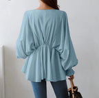 Japanese Style Simple V-neck Drawstring Irregular Autumn Women's Shirt Loose Design Sense Casual Long-sleeved Shirt Women's Fashion
