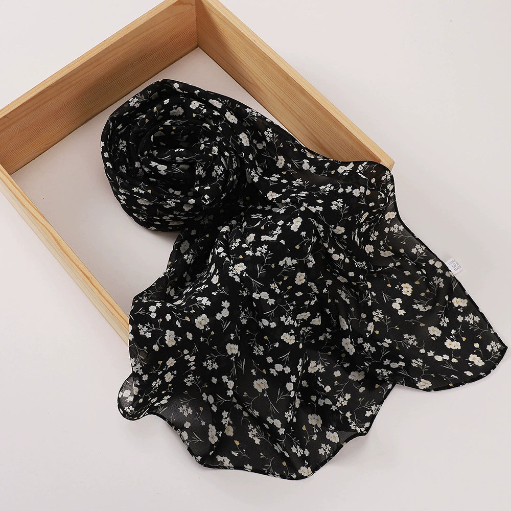 New Malaysian Pearl Chiffon Silk Scarf Rose Print Hijab Hui Turban Gauze Scarf Wholesale