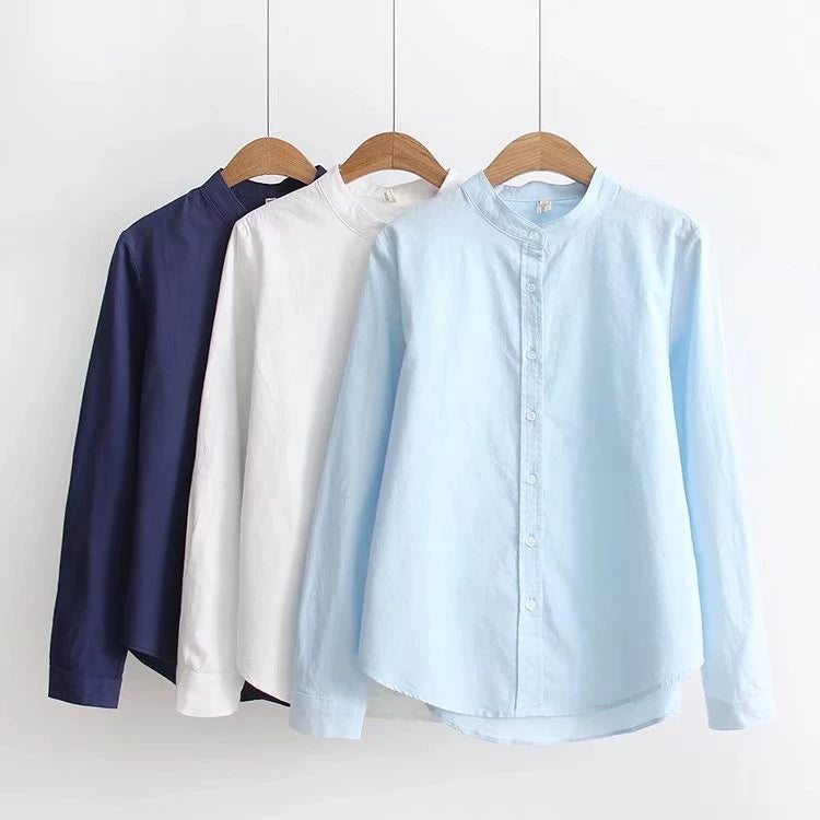 2025 Autumn New Versatile Stand Collar Cotton Shirt for Women, Long Sleeve, Fresh College Style Student Shirt for Layering