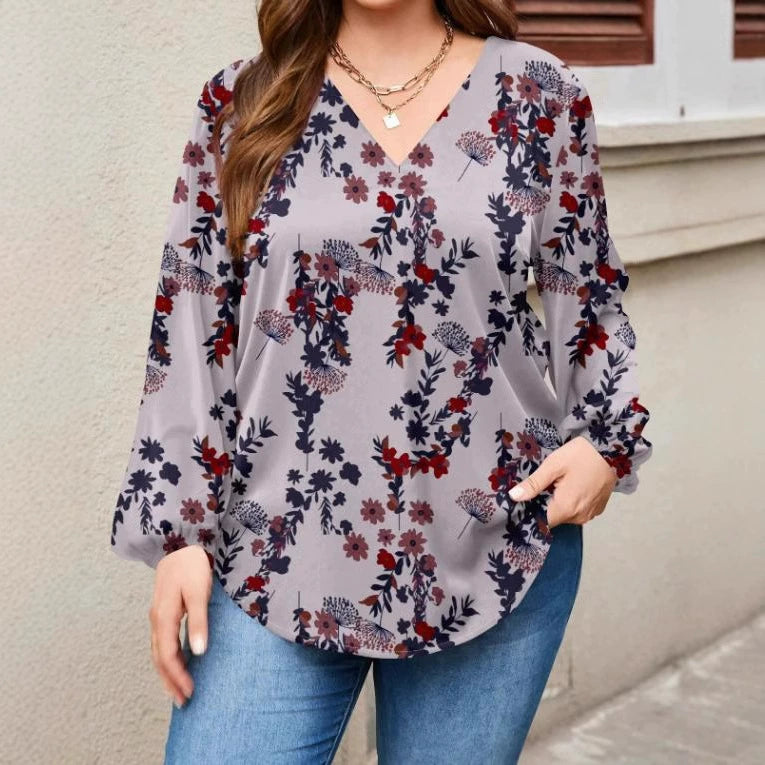 2024 autumn and winter new European and American cross-border V-neck casual printing plant printing lantern sleeve long sleeve shirt