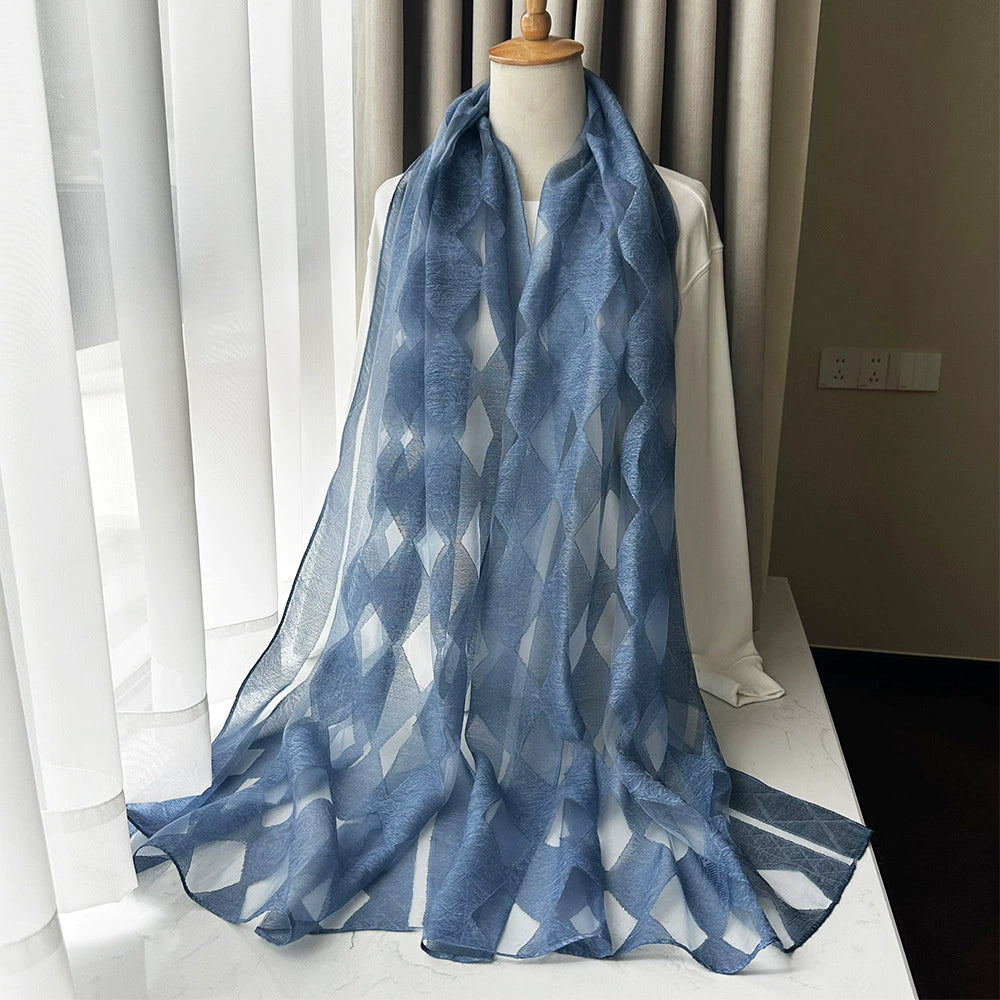 Foreign Trade Cut Flower Scarf for Women, Korean Style Rhombus Imitation Silk Sunscreen Scarf, Thin Women's Headscarf