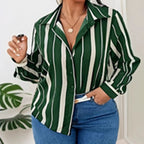 European and American plus size Women's 2025 Spring New V-neck Button Striped Shirt Long Sleeve Blouse