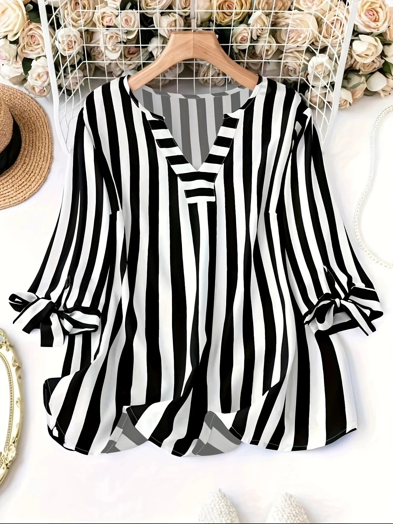2025 European and American New Style Amazon Cross-Border Supply Ebay Best-Selling Autumn and Summer Striped Three-Quarter Sleeve Casual Shirt