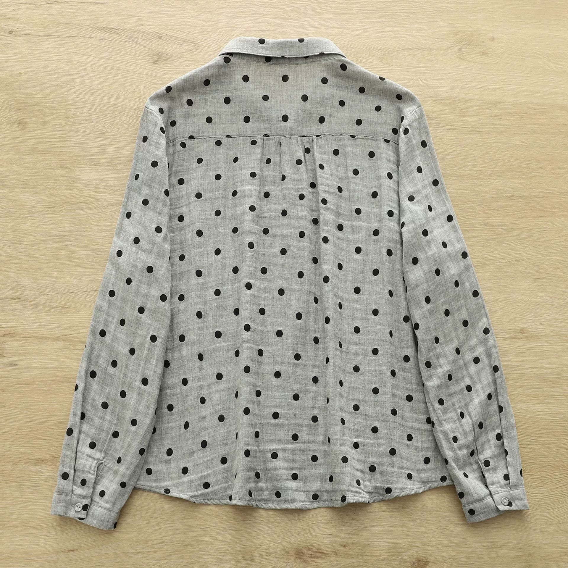 Factory Direct Sale Japanese Retro Polka Dot Print Artistic All-Cotton Double-Layer Gauze Shirt for Women Cotton Gauze Doll Collar Shirt