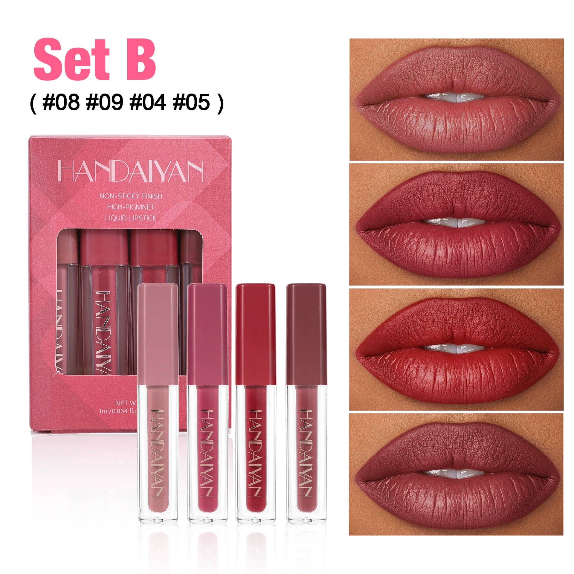 Cross-Border Lip Glaze Set Square Tube Lip Gloss Handaiyan Waterproof Easy-To-Color Pearlescent Matte Lip Glaze Set