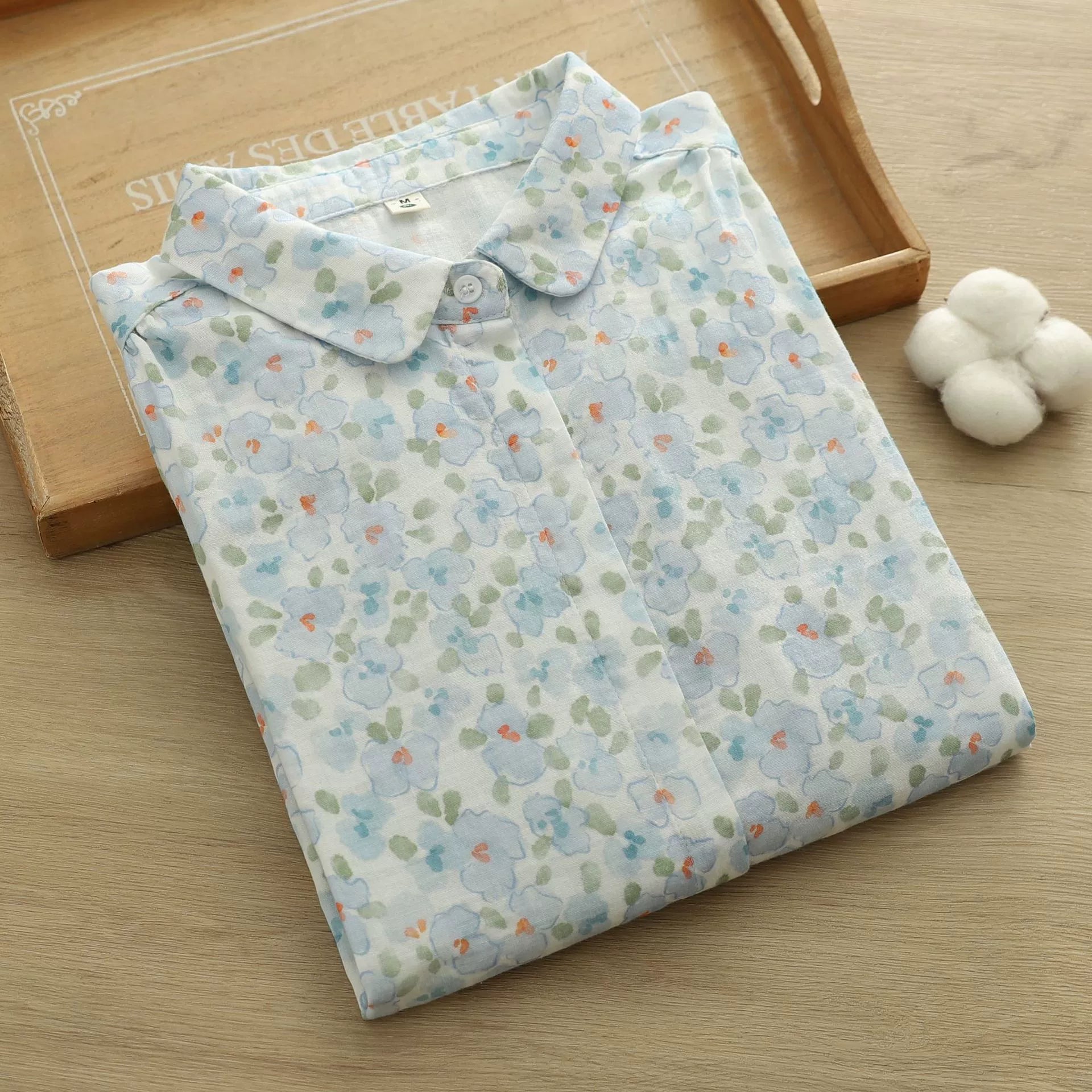 2025 New Autumn Clothing Japanese Style Sweet Floral Pure Cotton Double-Layer Cotton Gauze Shirt Women's Long-Sleeved Hidden Button Cotton Gauze Shirt