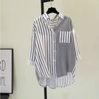 Cotton Linen Single Pocket Color-matching Striped Shirt Women's Spring New Korean Style Artwork Style Loose Casual Shirt Top Trendy
