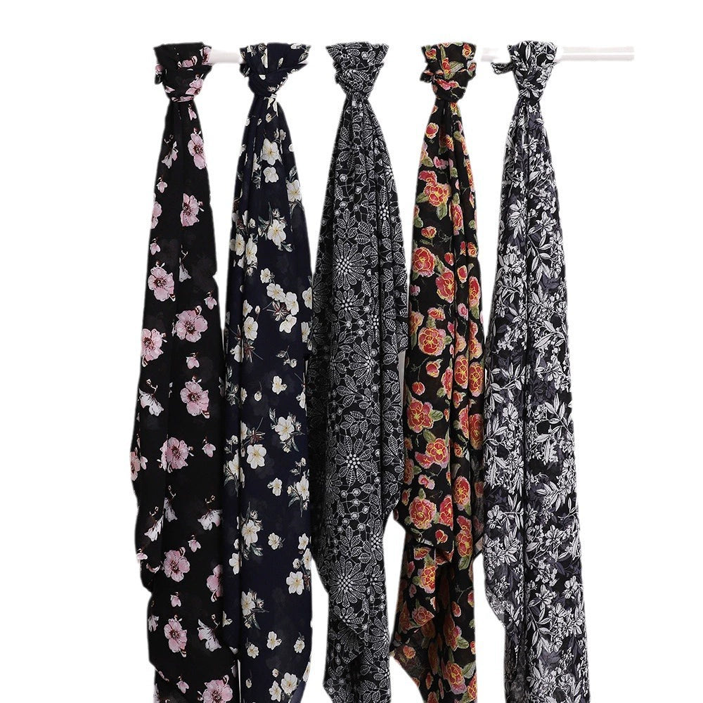 New Malaysian Pearl Chiffon Silk Scarf Rose Print Hijab Hui Turban Gauze Scarf Wholesale