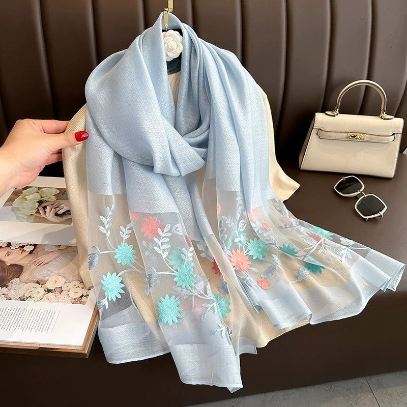 Spring and Autumn New Beaded Imitation Silk Scarf for Women Elegant and Versatile Embroidered Begonia Flower Long Scarf Summer Sunscreen Gauze Scarf