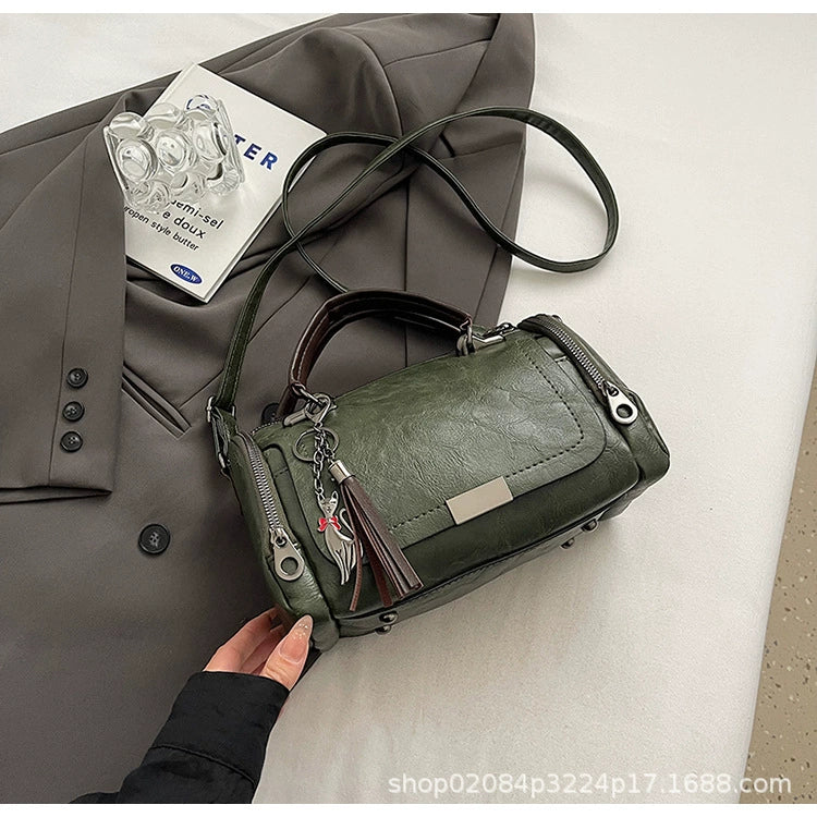 Cross-Border 2025 New Retro Texture Tassel Design Solid Color Stitching Women's Cross-Body Bag Pillow Bag Shoulder Bag