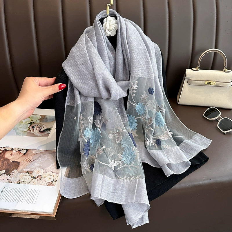 Spring and Autumn New Beaded Imitation Silk Scarf for Women Elegant and Versatile Embroidered Begonia Flower Long Scarf Summer Sunscreen Gauze Scarf