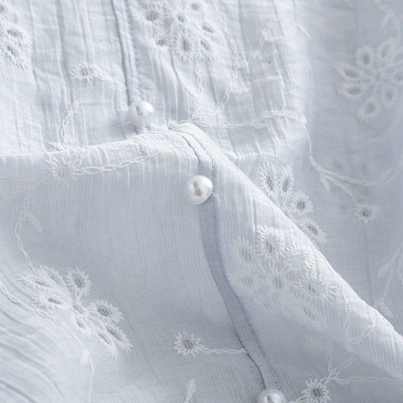 The Wind Blows Past the Half-Moon V-Neck Pearl Button Breathable Comfortable Slimming Hollow-Out 2025 New Stylish Embroidered Floral Blouse