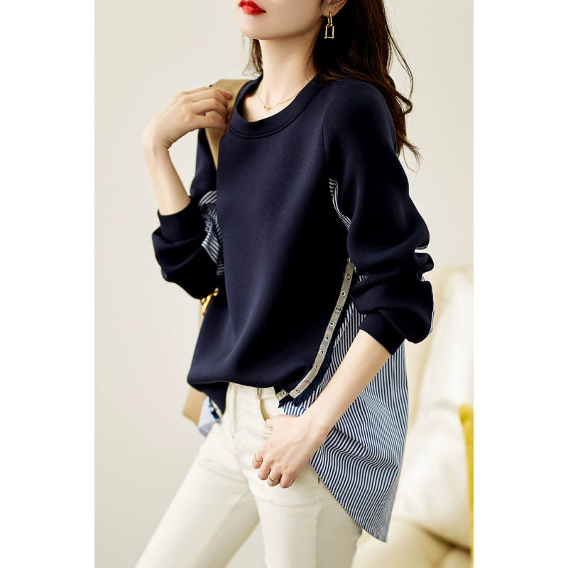 Foreign Trade Women's Clothing Japan and South Korea Spring and Autumn New Long Sleeve Top Air Cotton Round Neck Striped Stitching Shirt Pullover Sweat