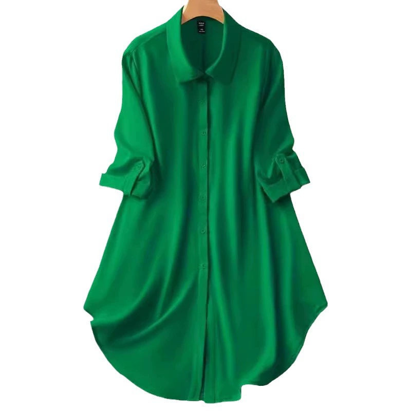 【】2024 Cross-Border New Product Amazon Chiffon Shirt with Five-Quarter Sleeves, Loose Button-Down Mid-Length Shirt with Seven-Quarter Sleeves