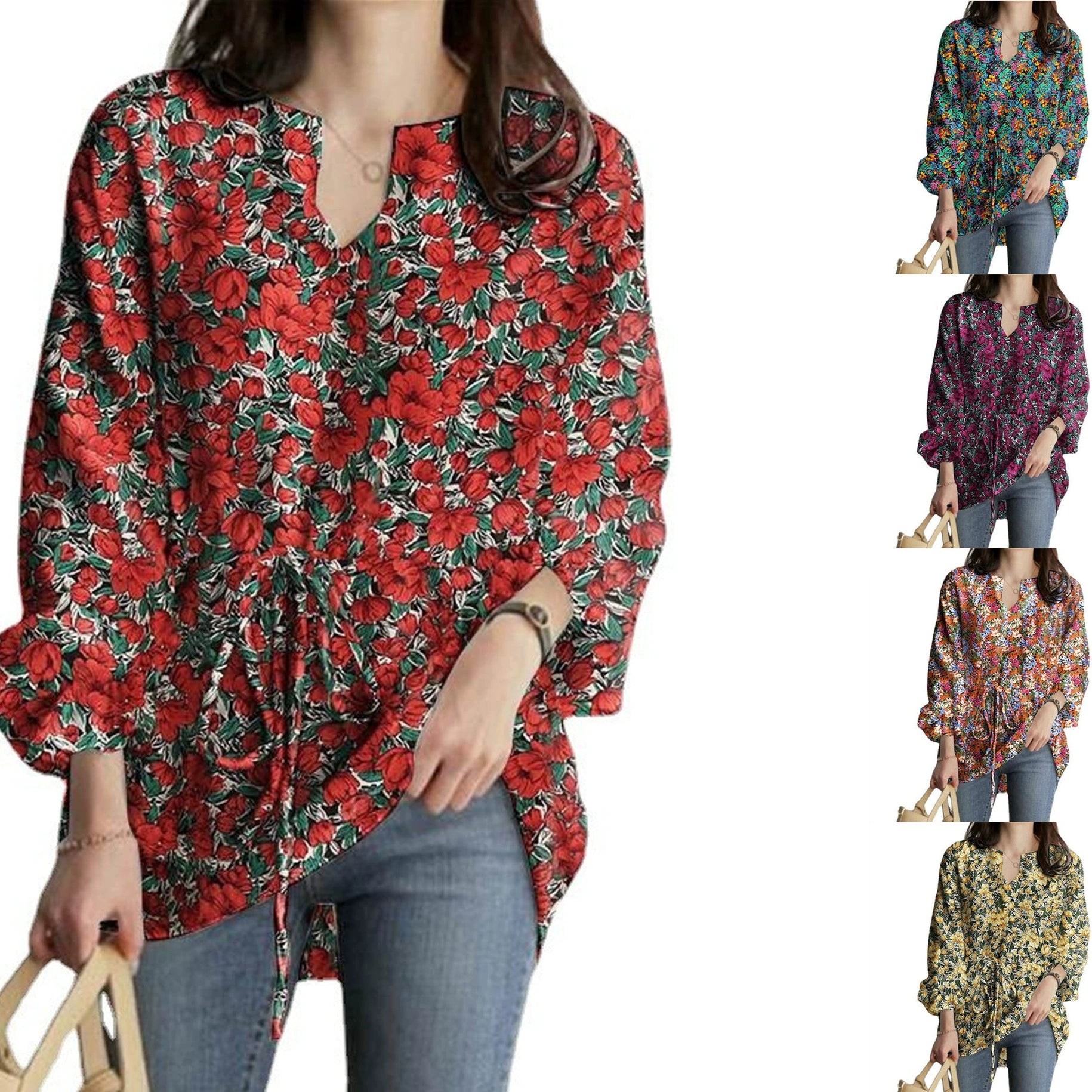 2024 European and American Casual Vacation Tops Autumn Fashion Long-Sleeved V Neck Floral Print Drawstring Waist Loose Top