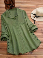 Spring and Autumn 2025 New Women's Solid Color Striped Button Cotton Linen False Pocket Striped Long Sleeve Long Shirt Top