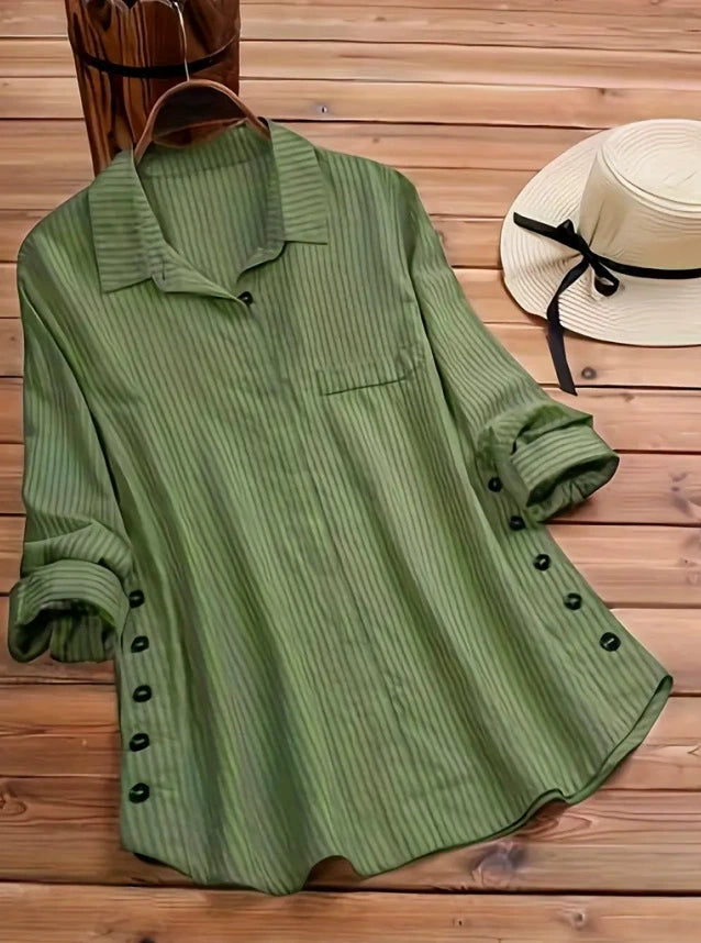 Spring and Autumn 2025 New Women's Solid Color Striped Button Cotton Linen False Pocket Striped Long Sleeve Long Shirt Top