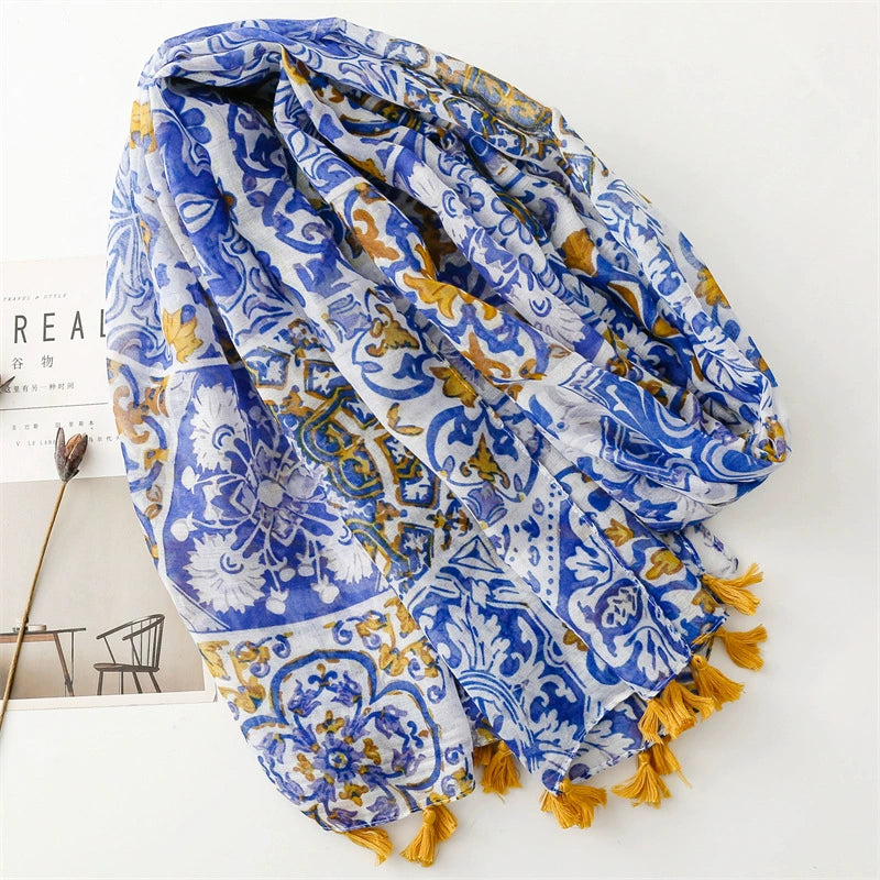 Scarf Thin Foreign Trade Cross-border Export Silk Scarves Spring and Summer Color Bohemian Blue Window Flower Bali Yarn Tassel Shawl
