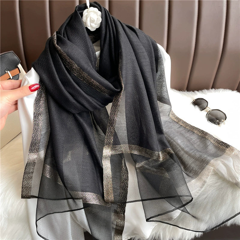 New Korean style solid color all-match silk scarf women's long scarf gold silk sequined silk wool scarf spring and autumn sun protection shawl batch