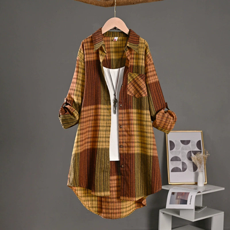 New Cotton and Linen Tops, Retro Spring and Autumn Plaid Shirts for Women, Long Style with Short Front and Long Back Design, Sun Protection Shirts