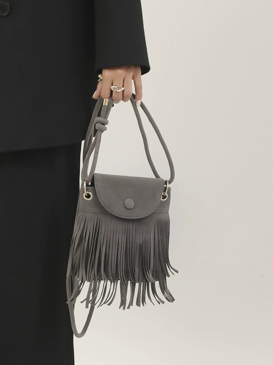 2024 Autumn and Winter New Suede Personalized Tassel Buckle Mobile Phone Bag Frosted Retro Ethnic Style Single Shoulder Crossbody Bag