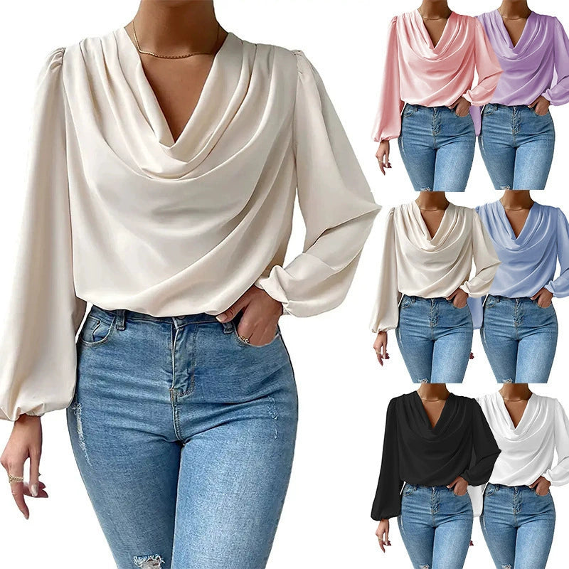 2025 Cross-Border Wish New European and American Summer Chiffon Long-Sleeved Shirt Loose Draped V-Neck Top T-Shirt Women's Clothing