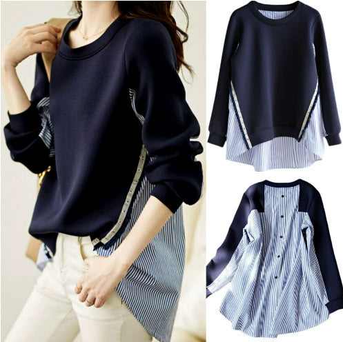 Foreign Trade Women's Clothing Japan and South Korea Spring and Autumn New Long Sleeve Top Air Cotton Round Neck Striped Stitching Shirt Pullover Sweat