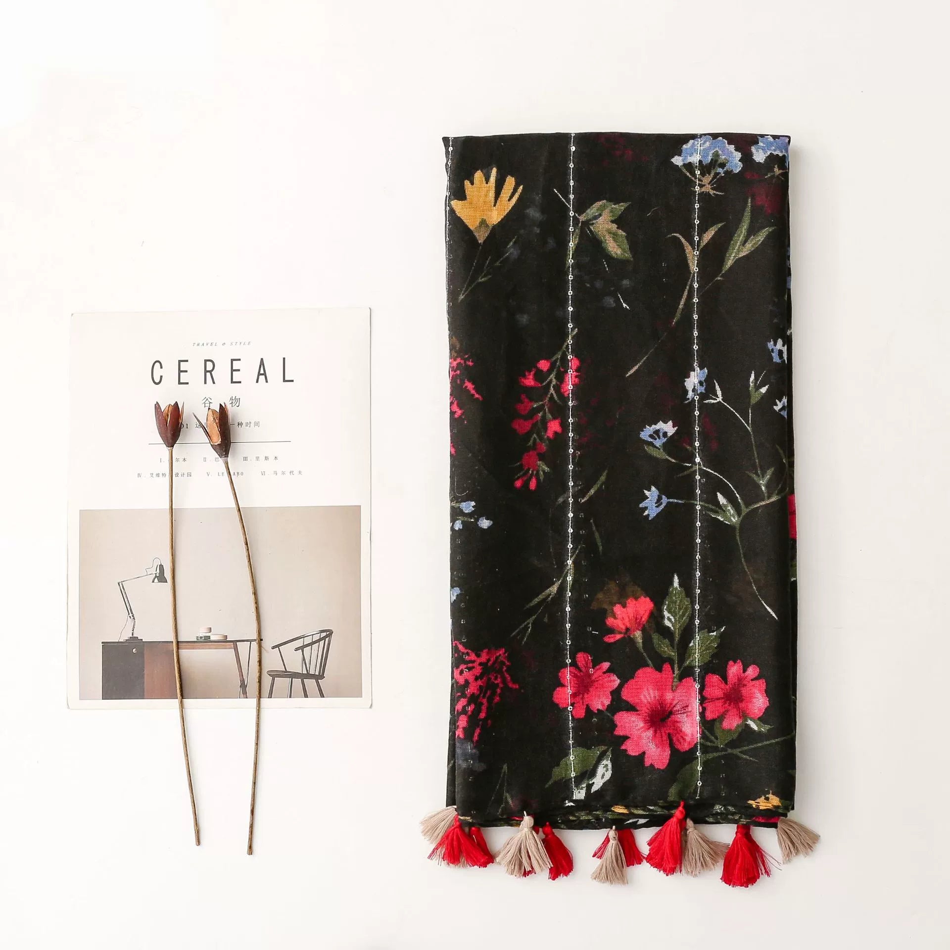 Vintage Ethnic Style Cotton Linen Scarf with Sequins Black Color Flower Handmade Tassel Printed Silk Scarf Shawl