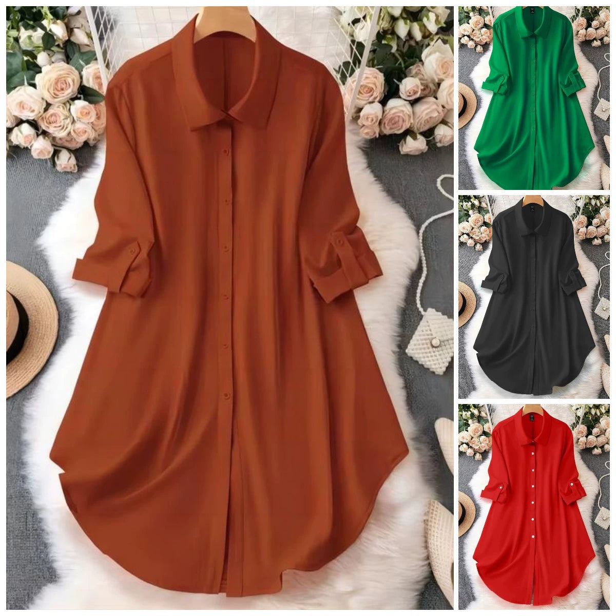 【】2024 Cross-Border New Product Amazon Chiffon Shirt with Five-Quarter Sleeves, Loose Button-Down Mid-Length Shirt with Seven-Quarter Sleeves