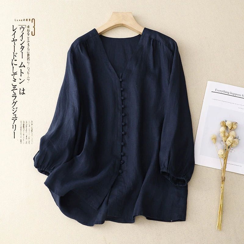 Real Shot of 2025 Summer Versatile Slimming Look Shirt Top Design Niche Women's Linen Unique and Chic Shirt