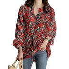 2024 European and American Casual Vacation Tops Autumn Fashion Long-Sleeved V Neck Floral Print Drawstring Waist Loose Top