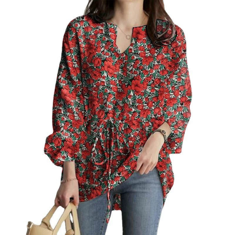 2024 European and American Casual Vacation Tops Autumn Fashion Long-Sleeved V Neck Floral Print Drawstring Waist Loose Top