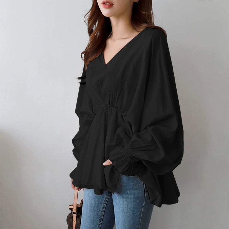 Japanese Style Simple V-neck Drawstring Irregular Autumn Women's Shirt Loose Design Sense Casual Long-sleeved Shirt Women's Fashion