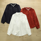 Spring Cotton Long-sleeved Shirt with Ledge Collar for Women Japanese Mori Style Simple Single-breasted Solid Color Comfortable All-match Top