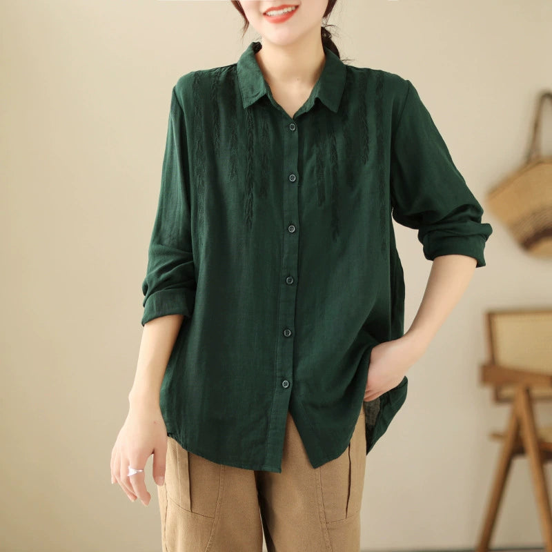 2023 Spring New Loose Ramie Women's Shirt Embroidered Long Sleeve Lapel Design Cotton and Linen Top Thin