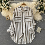 2026 Summer, Spring and Autumn New Mid-Length Vertical Striped Multi-Color Shirt Jacket for Women, Korean Style Casual Loose Top